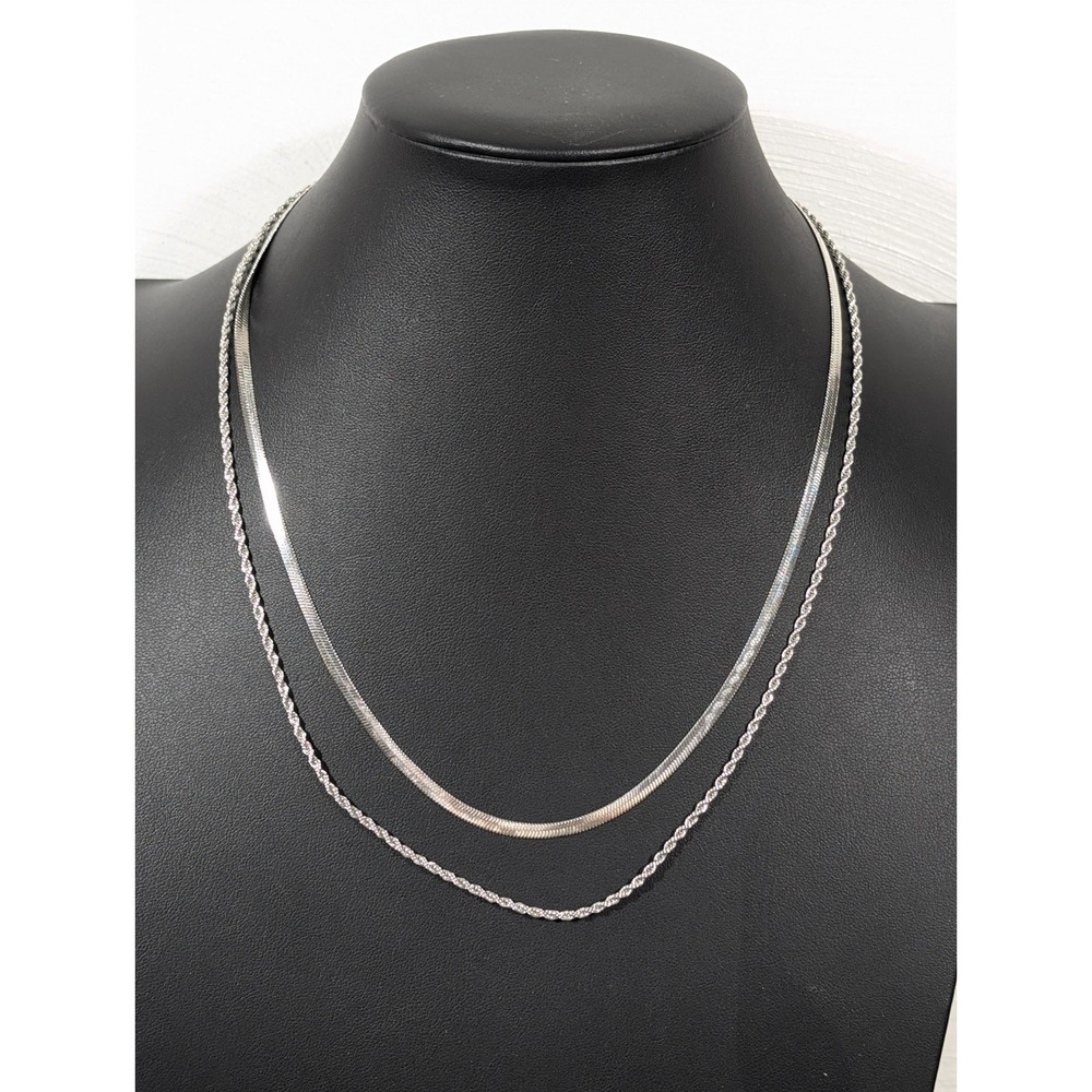 Silver Tone Herringbone Rope Chain Layered Necklace Classic Retro Chic 19 in